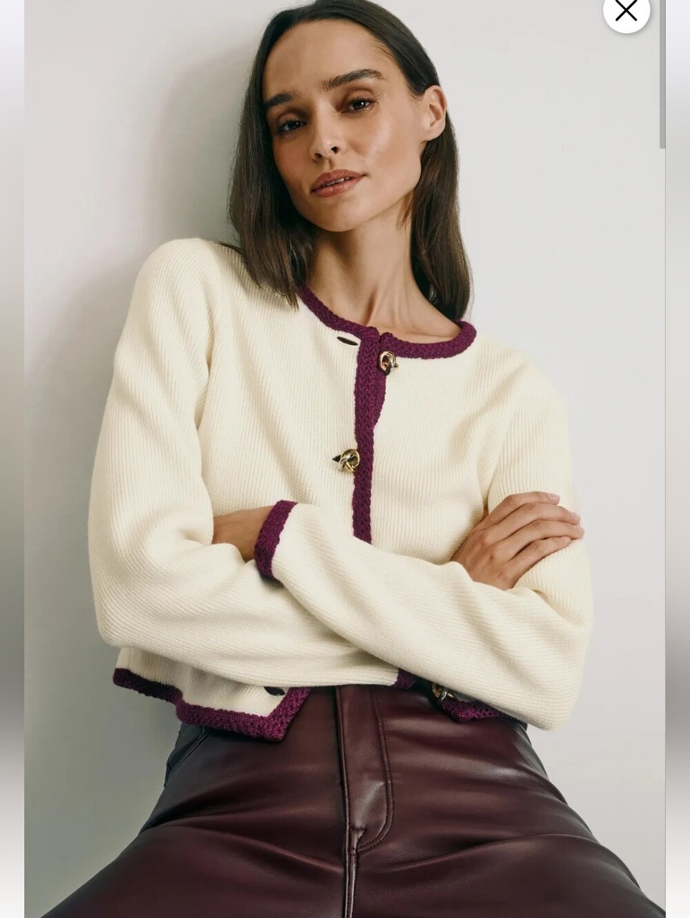 DEREK LAM 10 CROSBY MERINO WOOL CONTRAST PIPING CARDIGAN SIZE M MSRP $290